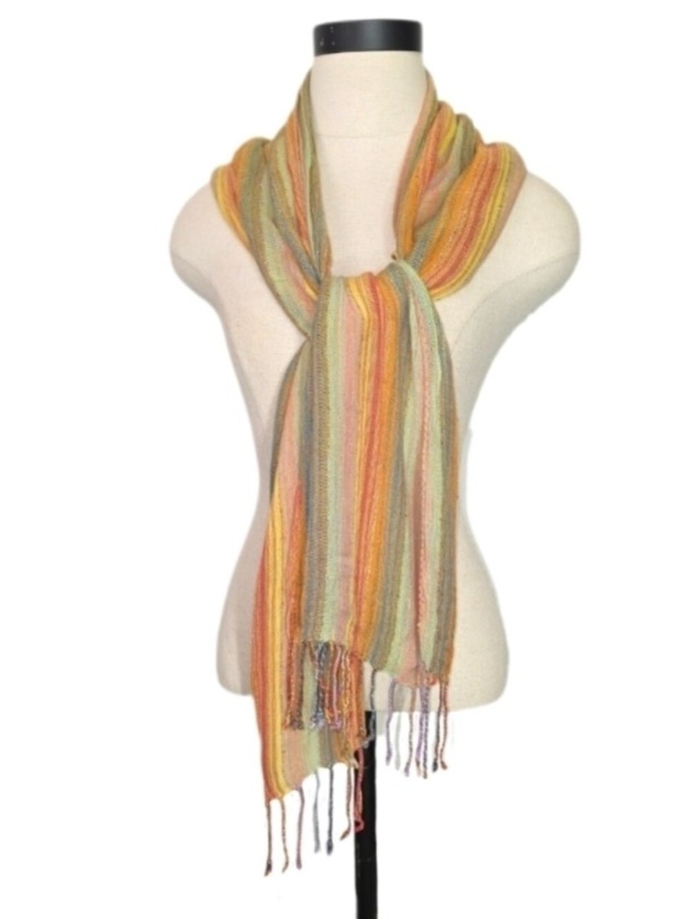 Scarf Knit Fringed Vertical Stripes Multicolor Orange Size OS